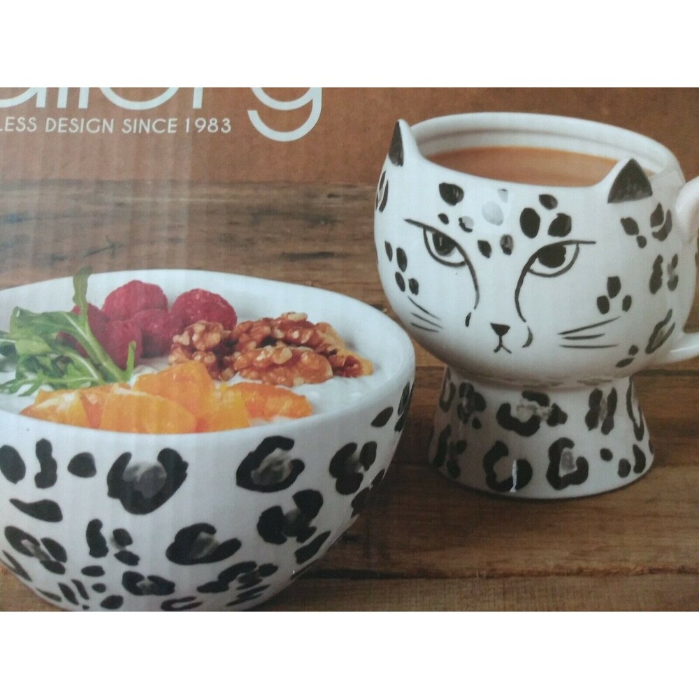 Table Top Gallery 2 Piece Mug Bowl Set Leopard Cheetah Cat Big Cat Kitch NWOT